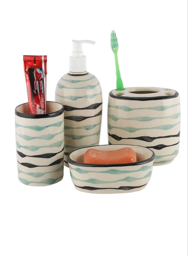 VarEesha Mugdha Off-White Hand-Painted Ceramic Bath Set of 4 Pieces | Liquid Soap Dispenser, Tumbler, Toothbrush Holder & Soap Tray | Bathroom Accessories, Bathroom Décor - Image 3
